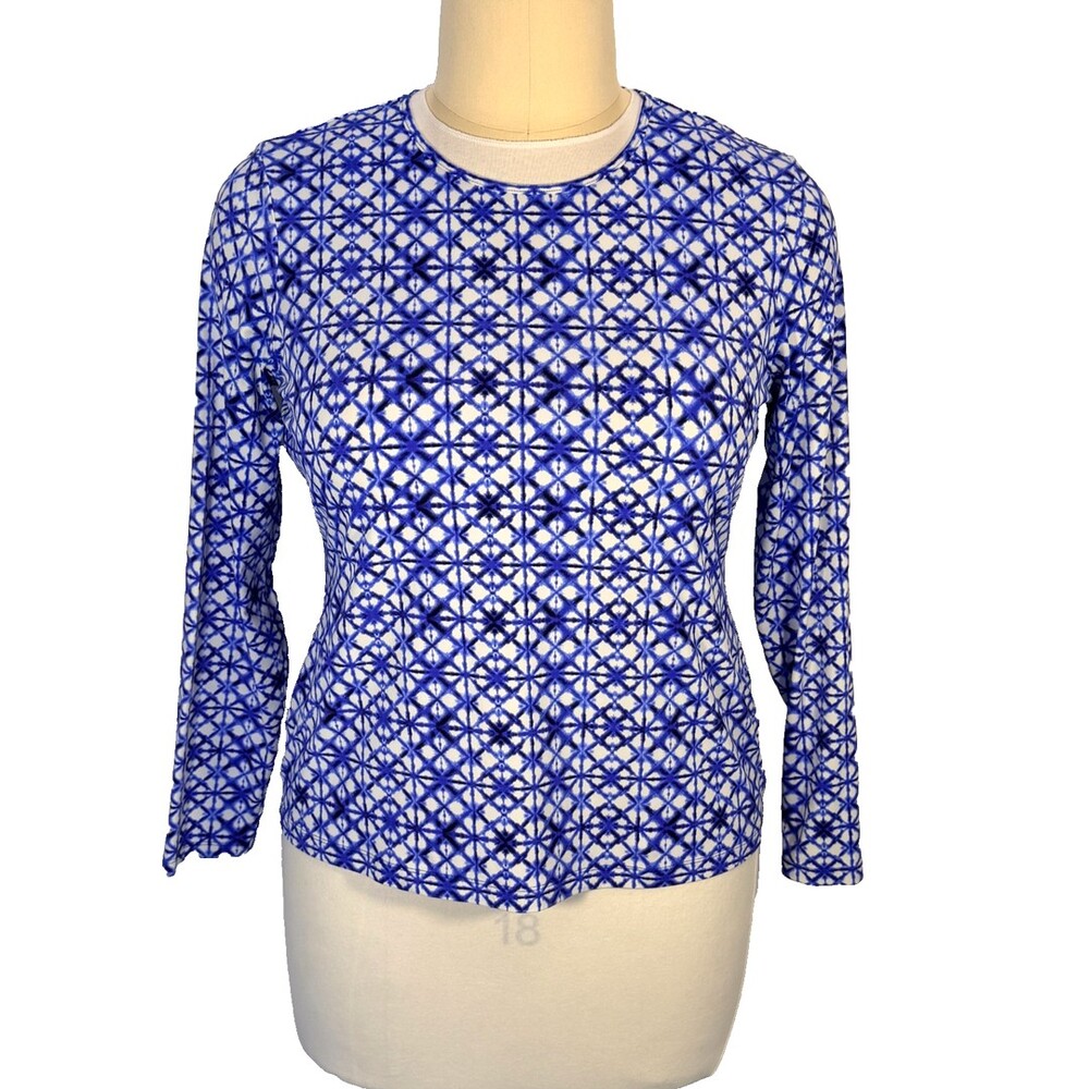 Lands' End Long Sleeve Tee Shirt Rash Guard Women's XLP Blue Shibori C